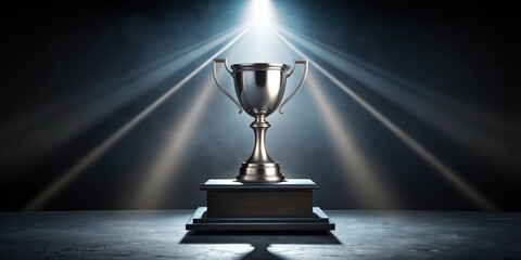 A solitary trophy stands atop an empty podium, its surface reflecting a solitary spotlight's glow, casting a metallic sheen on the surrounding darkness , victory stand, trophy