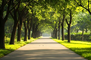 Obraz premium A long, tree-lined path is shown in the image