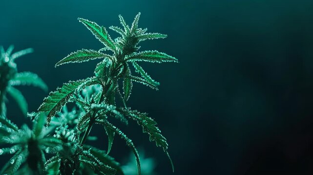 Close-up of green cannabis plant leaves in a tranquil indoor setting under soft lighting