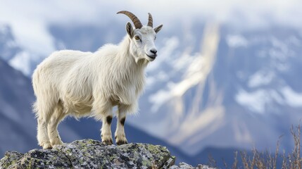 Fototapeta premium A wild alpine goat standing on a rocky outcrop with snow-capped mountains in the background.