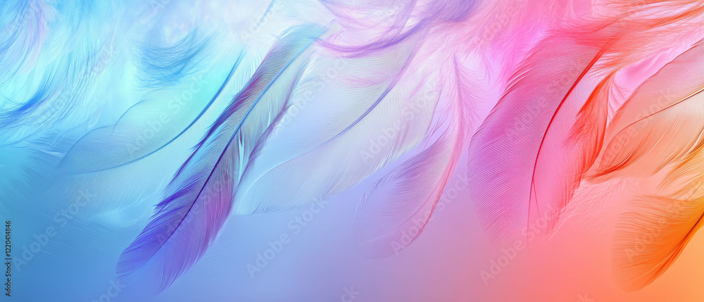 Poster rainbow colored feathers floating softly in an abstract textured background