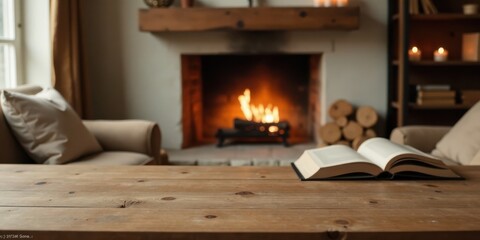 Cozy living room scene with open book on wooden table, fireplace glowing warmly in background
