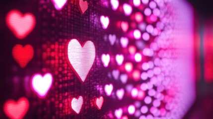 A dynamic LED lights board with a heart-shaped pattern, pulsing in soft gradients of red, pink, and white, creating a romantic and festive Valentine's atmosphere
