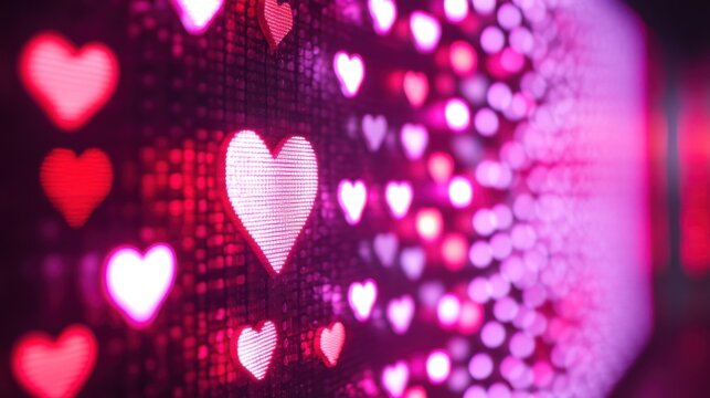 A dynamic LED lights board with a heart-shaped pattern, pulsing in soft gradients of red, pink, and white, creating a romantic and festive Valentine's atmosphere
