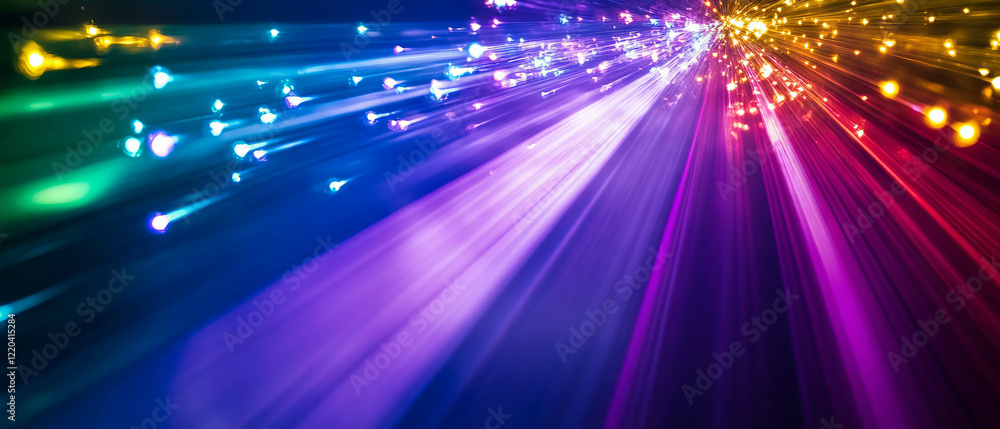 Poster rainbow colored light beams intersecting with vibrant geometric shapes in an abstract design