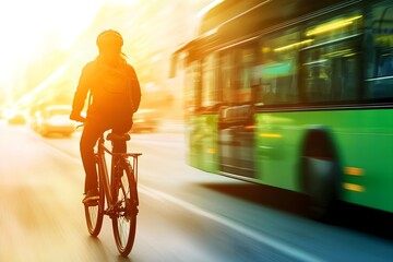 A person is riding a bicycle in front of a green bus