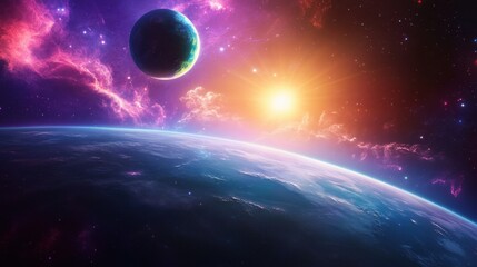 Fototapeta premium Vibrant Neon Space Station Orbiting Distant Planet