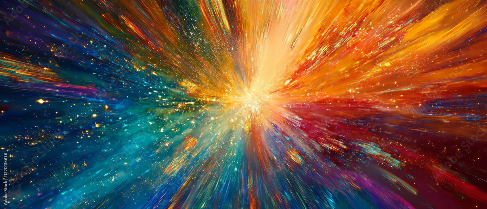 Poster dynamic rainbow light trails create an abstract explosion of color and movement