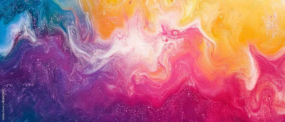 Poster vibrant swirling liquid patterns in rainbow hues creating an abstract background