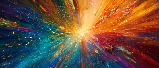 Dynamic rainbow light trails create an abstract explosion of color and movement