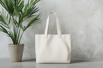 Minimalist White Tote Bag with Green Plant in Modern Setting