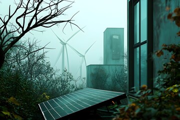 A solar panel is on the ground next to a windmill