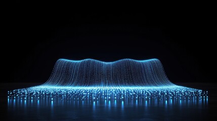 A flowing digital ramp made of luminous blue splines with glowing numbers streaming upward, the movement creating a sense of infinite data flow, set against a black background, abstract and futuristic