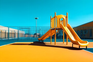Fototapeta premium A yellow playground slide is in front of a fence