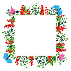Watercolor wreath on white background. Summer frame blueberry, red currant and butterfly. Berries design. Perfect for card, poster, postcard, invitations, wedding, birthday party.