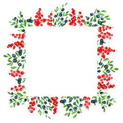 Watercolor wreath on white background. Summer frame blueberry, red currant. Berries design. Perfect for card, poster, postcard, invitations, wedding, birthday party.