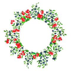 Watercolor wreath on white background. Summer round frame cowberry, blueberry, strawberry. Berries design. Perfect for card, poster, postcard, invitations, wedding, birthday party.