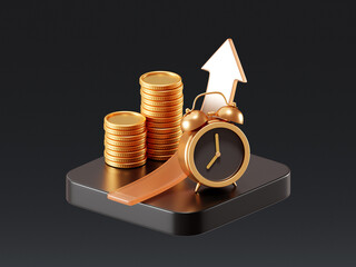 Financial Growth 3D Illustration with Gold Coins, Up Arrow, and Wealth for Investment Success.