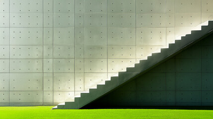 Minimalist facade with geometric concrete panels and stairs. Generative AI.