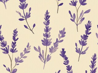  A Seamless Pattern of Purple Lavender Flowers and Green Rosemary Sprigs on a White Background