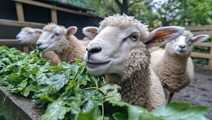 Obraz premium Close-Up of Playful Sheep Feeding on Fresh Green Leaves in a Natural Farm Setting Highlighting the Beauty of Livestock Care and Sustainable Farming Practices