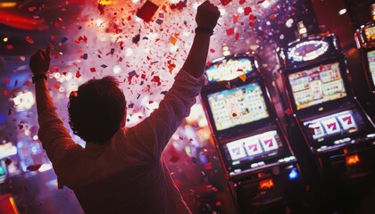 Euphoric casino win celebration with confetti shower and slot machines
