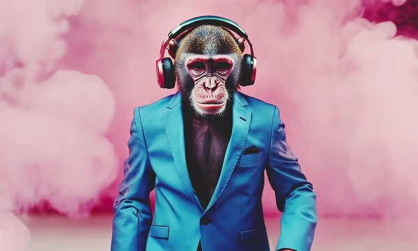 Cool monkey dj in smoke. Party style.