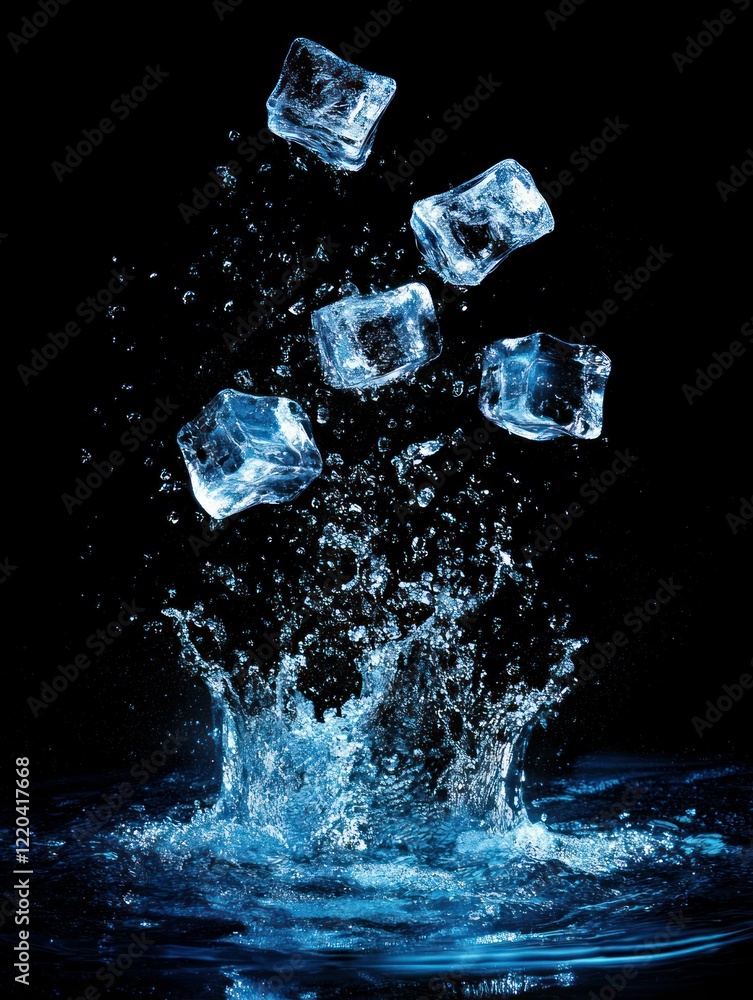 Poster dynamic ice cubes cascade into water creating a refreshing splash against a dark background