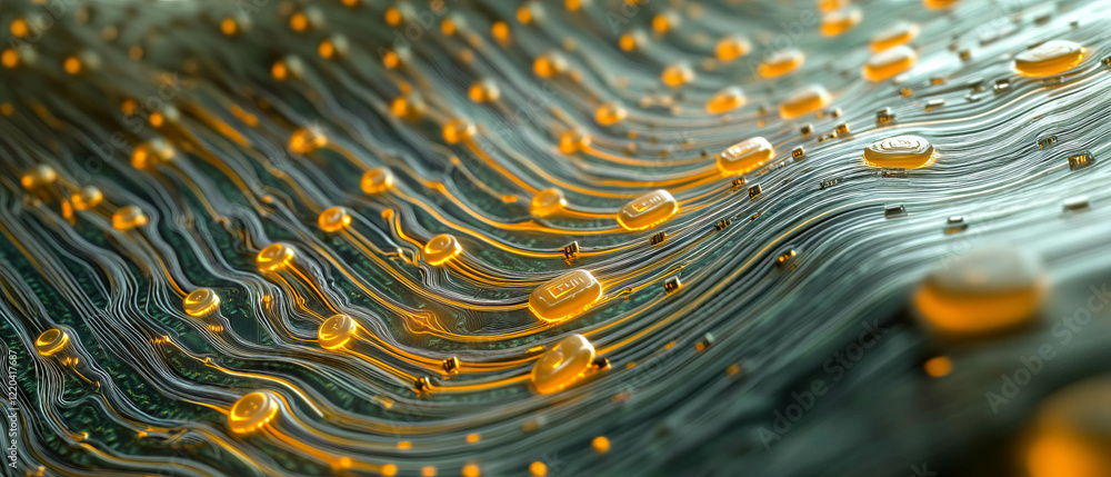 Poster ripples of energy flow through an abstract circuit board, displaying electronic signals and hardware