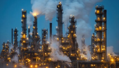 Illuminated Industrial Complex at Night with Smoke and Steam Emissions