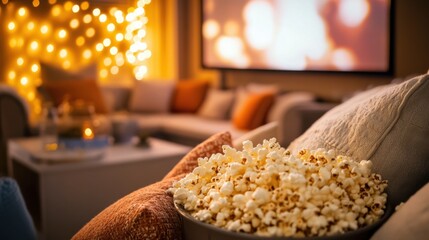 A fun movie date night at home, with a cozy couch setup, popcorn, and romantic films playing on a big screen