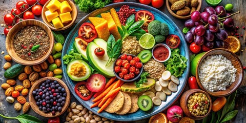 Fototapeta premium A vibrant plate of assorted foods with an assortment of colorful ingredients and textures, colors