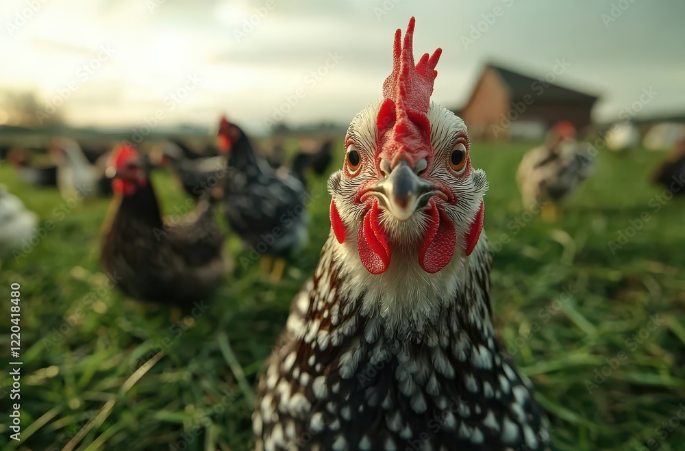 Poster close-up view of a beautiful and colorful chicken with distinctive features roaming in a serene farm
