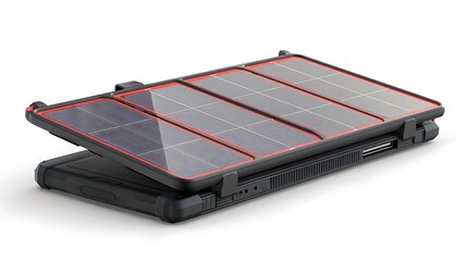 A portable solar-powered charger with foldable panels, displayed on white.