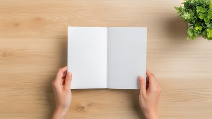 Fototapeta premium person holding blank notebook on wooden table with plant nearby