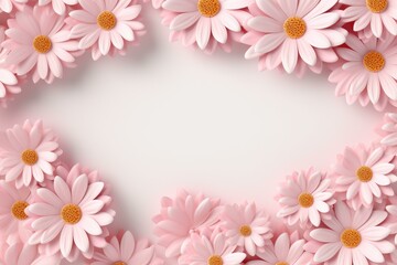 Fototapeta premium Pink flowers are creating a delicate frame on a pink background, offering space for text or design