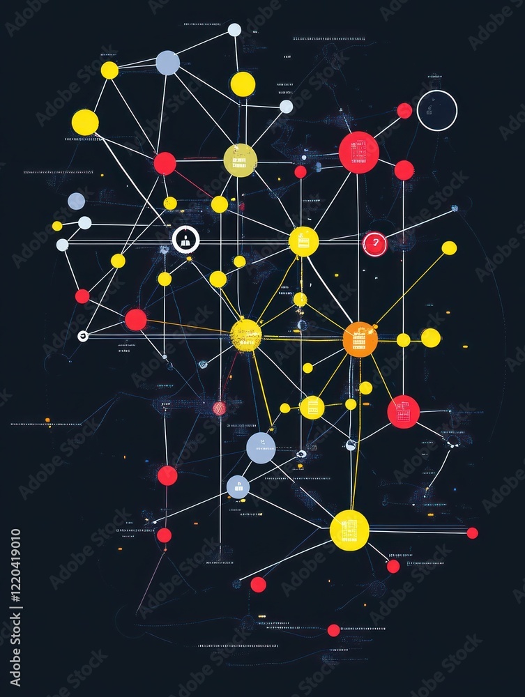 Poster abstract network connection with data nodes and flow chart graphic visualization