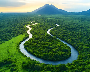 Aerial view of meandering river through lush green jungle, mountains in background. Perfect for travel brochures