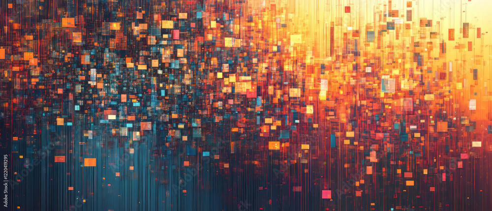 Poster visual exploration of shifting pixels and digital distortion in an abstract background