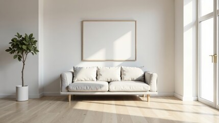 Modern minimalist living room interior design featuring a light beige sofa, a large blank framed canvas, and a potted plant on light wood flooring near a window.