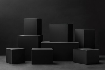 Dark gray cubes arranged on dark floor against black wall.
