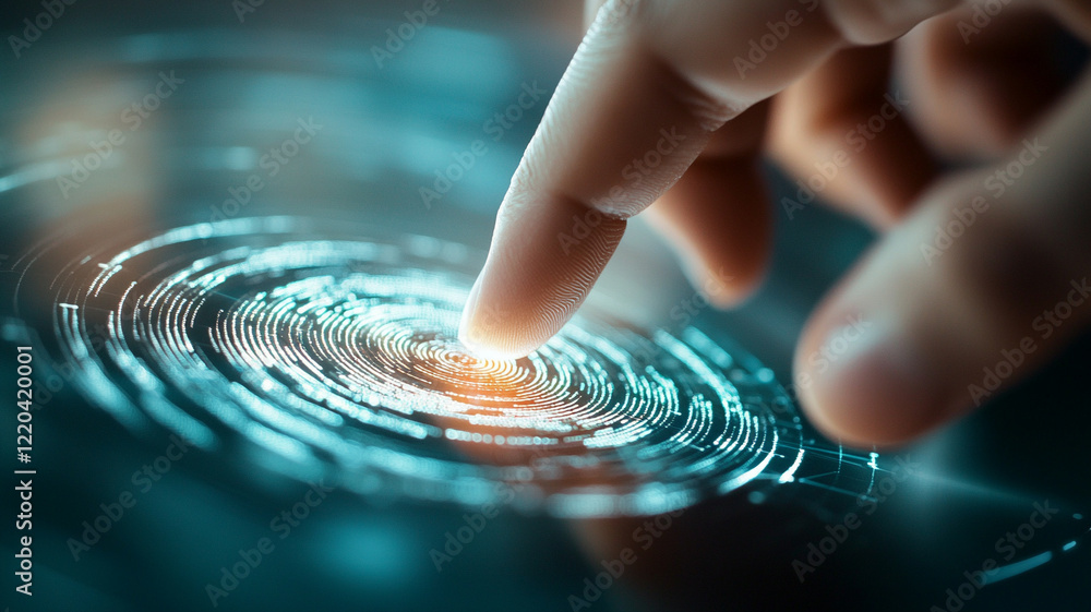 Poster futuristic digital interaction fingertip touching glowing interface