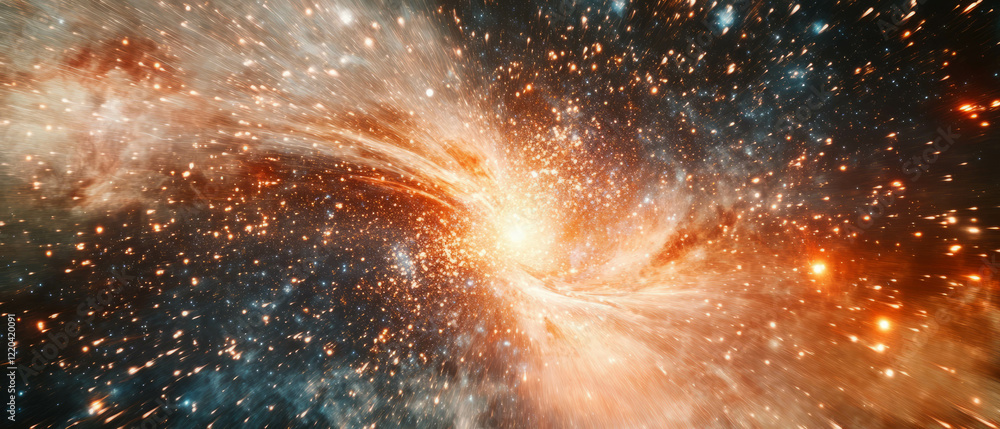 Poster simulation of the big bang with expanding light and cosmology theme in a vibrant abstract design