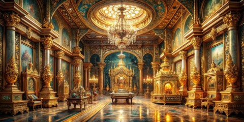 Obraz premium opulent gold chamber filled with glittering jewels and ancient relics amidst ornate tapestries, long corridors, jewels and gems