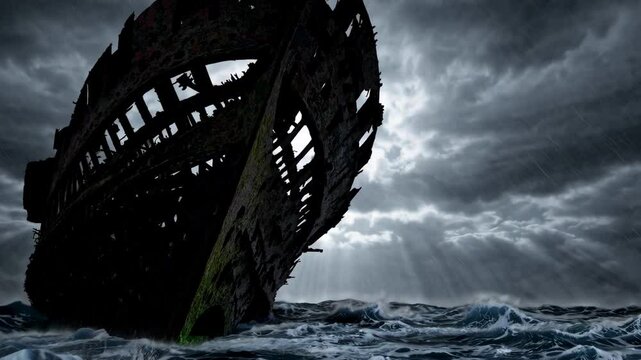 Ruined ghost ship illuminated by moonlight amidst a stormy ocean


