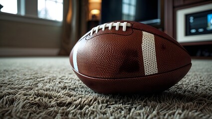 Game Day Ready: A weathered American football,  the worn leather and laces speak volumes of countless games and intense moments, rests on a plush carpet.  The scene whispers of a game about to begin.