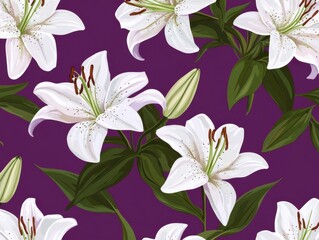 A Seamless Pattern of White Lily Flowers with Dark Brown/Black Stamens and Dark Green Leaves and Buds on a Purple/Magenta Background
