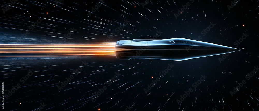 Poster spaceship travels through the vastness of space with an abstract background