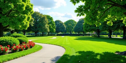 Fototapeta premium Serene landscape showcasing a meticulously manicured lawn, a gently curving pathway, and lush green trees providing ample shade on a bright sunny day.