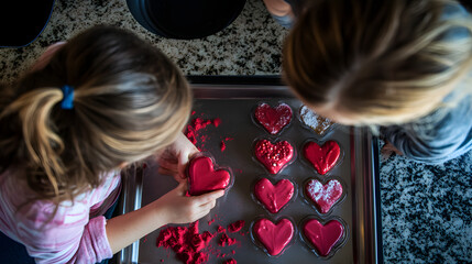 A mother and daughter baking Valentine&rsquo;s Day cookies together, using heart-shaped molds and red icing.